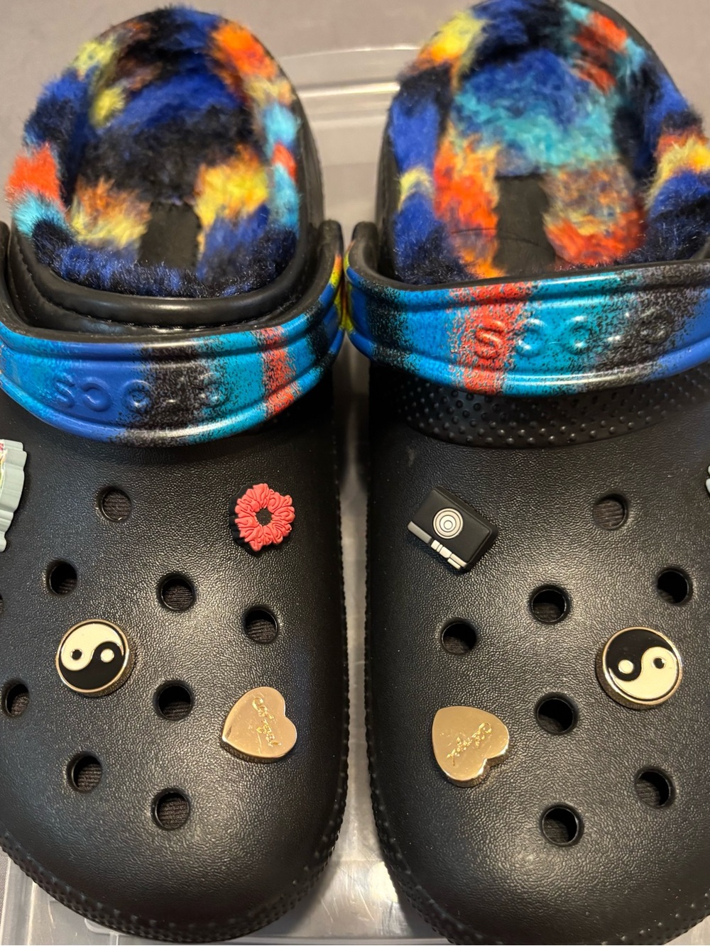 Women’s Faux-Fur Lined CROCS Shoes in Black with Multi-Color Accent